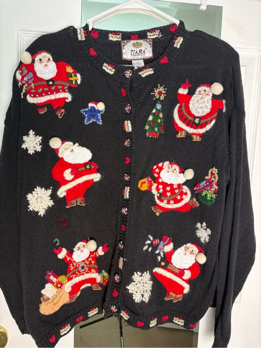 Tiara International Women’s L Black Santa Christmas Knit Button-Front Cardigan
